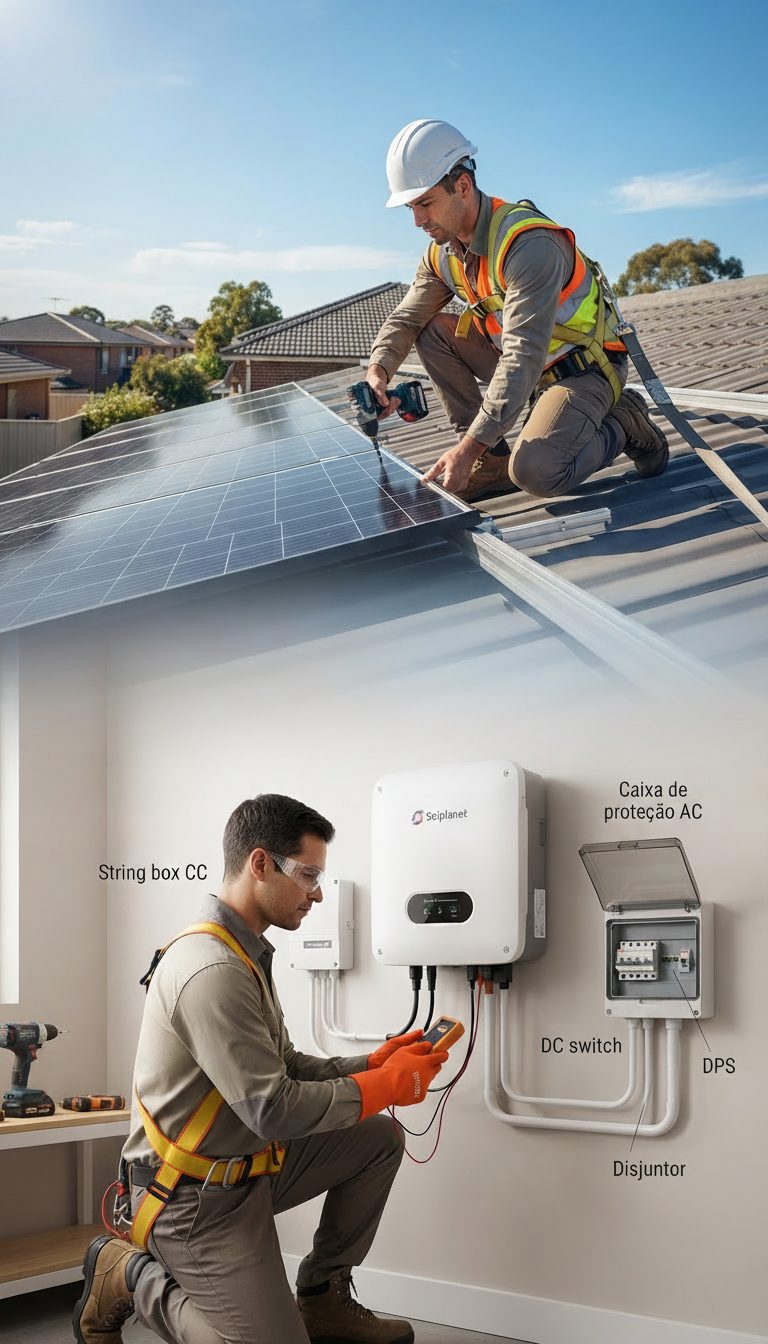 Técnico da Dom Energy Solar instalando placas no telhado e o inversor solar dentro da casa do cliente